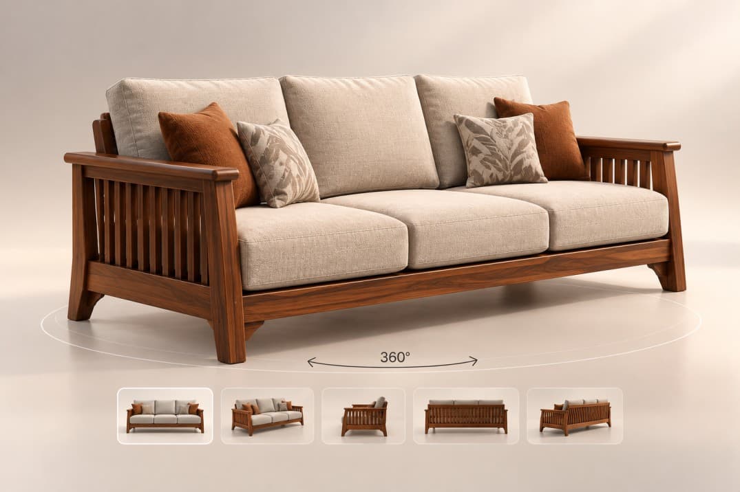 A wooden-framed sofa shown from every angle, with a 360° turntable indicator and five angle thumbnails beneath it